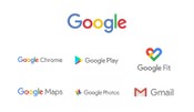 A diagram showing how the Google logo is nearly identical in appearance to the logos of several child brands beneath it, including Google Chrome, Google Play, Google Fit, Google Maps, Google Photos, and Gmail.